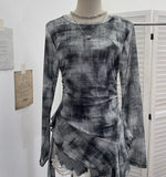 Print Double-Layer Mesh Long-Sleeved Top Design Feel Irregular Ribbon-Up T-Shirt