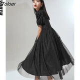 Women Dress 2022 Summer Short Sleeve A Line Double Yarn Design Solid Black Vintage Elegant Dating
