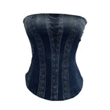 Denim Print Strap-On Corset Tsets Tsets Tsets Tsets Sleeveless Short