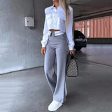 Turn Down Collar Solid Shirt Tops Single Breasted Women Two Piece Sets Flared Long Pants Set High Waist Slim Fit 2023-Outfit