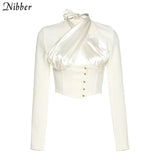 Autumn Button Decoration Office Slim Crop Top Women Hollow Backless Elegant T-shirts Fashion Party White Casual Top