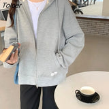 Autumn Chic Zip-up Hoodies Female Casual Street Loose Thin Blue Gray Apricot Sweatshirt Pocket Hooded Women