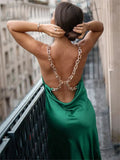 Summer 2022 Sexy Backless Chain Midi Satin Dress Women Off Shoulder Sleeveless Bodycon Party Dresses Club Y2K