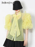Casual Shirt For Women Bowknot Collar Half Sleeve Sheer Solid Button Through Blouse Female Fashion Clothing