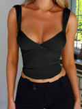 Women Solid Ruched Camisoles Deep V-neck Sleeveless Tie-Up Backless Tank Tops Summer Party Mini Vest Streetwear 2024-Outfit