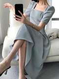 Square Collar Casual French Midi Dress for Women Elegant Party Ladies Pleated A-Line Femme Fashion Bodycon Dress