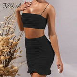 Summer 2020 Women Set Spaghetti Strap Crop Top White Sexy And Mini Bodycon Skirt Ruffles Party Outfit Club Two Piece