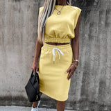 Set With Skirt Solid Slim Ladies Skirts Suit Sleeveless Sweatshirt Crop Tops And Split Lace Up Bottom 2021 Summer