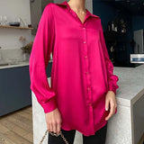 Solid Satin Shirt Elegant Polo Collar Office Lady Shirts 2022 Spring Summer Long Sleeve Top Female Fahsion Casual