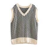 Houndstooth Knitted Vest Autumn Casual V-Neck Sleeveless Sweater Tops Winter Fashion Female Waistcoat Pullover Jumper