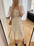 Korean Soft Girl Square Collar A Line Midi Dress Summer Lace Embroidery Party Dresses Office Lady Casual Vestidos