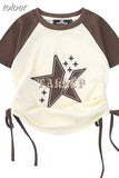 Women T-shirts Vintage Fashion Crop Tops Chic Star Embroidery Korean Tees 2023 Ropa Mujer Slim Fit Drawstring Y2k