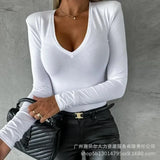 Neck Women Solid Sexy Slim Fit Full Sleeve Tops Thin Splice Simple Regular T Shirts Casual Ladies Autumn Winter 2023-Outfit