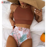 Leaf Print High Waist Bikini Set Swimsuit Women High Neck Tankini Two Pieces Swimwear 2022 Sexy Female Sports Bathing