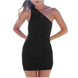 One Shoulder Short Summer Dress Women Sleeveless 2022 Sexy Ruched Party Dresses Mini Bodycon Dress Green White