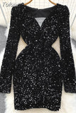 Sexy Women Sequins Glittering Mini Party Dress Elegant Mesh Patchwork V-neck Long Sleeve Slim Bodycon Club Velvet