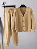 Winter Fashion Knitted Two Pieces Suits V Neck Button Loose Cardigan+Pocket Drawstring Long Pant Women Sweater