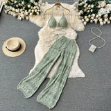 Women Summer Knitted Set Halter Short Tops+ Hollow Wide Leg Long Pants Sets Shell Beach Sexy Backless Two Piece