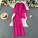 Women Summer Knitted Sets Fashion O Neck Split Top+ Wide Legs Long Skirt Sets Ladies High Street Loose Two Piece