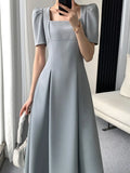 Square Collar Casual French Midi Dress for Women Elegant Party Ladies Pleated A-Line Femme Fashion Bodycon Dress