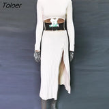Winter Cotton Two Piece Set Women Dress Long Sleeve Top Split Button Maxi Pleated Skirt Suit Elegant Solid Knit