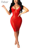 Sexy Bodycon Midi Dresses for Women Party Club Birthday Outfits Red Balck Lace Mesh Patchwork Sequin Dress