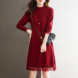 Knitted Dress Women's Autumn And Winter Dress 2024 New Fashion Foreign Style Nailed Bead Sweater Skirt Trend-Outfit