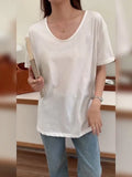 And Autumn New U-Shaped Collar Open Fork Medium-Long Loose Casual White Long-Sleeved T-Shirt-Outfit