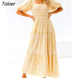 Women Summer Dresses 2023 Floral Print Square Neck Puff Sleeve Short Sleeves Maxi Dress Bow Strap Boho Beach Party