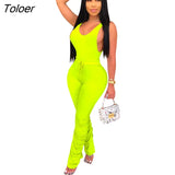 Solid 2 Two Piece Set Sleeveless Women Outfits Sets Lace Up Casual Woman Sets O-Neck Sexy Female Pants