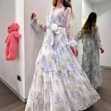 Women's Chiffon Print Dress Open Shirt Swing Belt Fashion Broken Flower Long