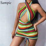 Chic Summer O Neck Knitted Cotton Tank Dresses Women Party Club Sleeveless Mini Wrap Bodycon Striped Fashion Dress