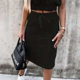 Set With Skirt Solid Slim Ladies Skirts Suit Sleeveless Sweatshirt Crop Tops And Split Lace Up Bottom 2021 Summer