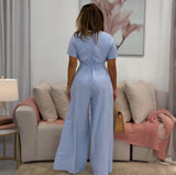 Summer Women's New Wide-Legged Jumpsuit Short-Sleeved Tie Belt Belt With Jumpsuit