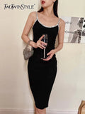 Sexy Black Dress For Women Round Neck Sleeveless High Waist Patchwork Diamonds Solid Midi Dresses Female