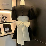 Patchwork Bowknot Dress For Womens Square Collar Puff Sleeve High Waist Mini Dresses Female Summer Clothing