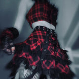 Dark Plaid Sling Lace Tie Pleated Skirt 2023 Spring Personality Suit-Outfit
