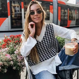 Houndstooth Knitted Vest Autumn Casual V-Neck Sleeveless Sweater Tops Winter Fashion Female Waistcoat Pullover Jumper