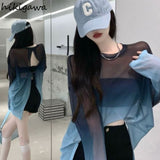 T Shirt Women Sexy Hollow Out Thin Gradient Oversized Tops Fashion See Throught Summer Tshirts Backless Y2k