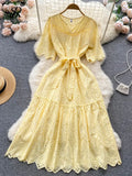 Women Dress Embroidary Solid Summer 2022 Hollow Out V Neck Ruffled Sashes Adjustable Waist Ladies Long A Line