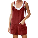 Jumpsuit Summer Sleeveless Solid Short Rompers Overalls Casual Button Pocket Strapless Woman Suspenders Bib Short
