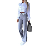 Turn Down Collar Solid Shirt Tops Single Breasted Women Two Piece Sets Flared Long Pants Set High Waist Slim Fit 2023-Outfit