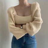 2022 New Autumn Winter Puff Sleeve Women's Sweater Casual Solid Sqaure Collar Knitting Pullovers Knitwear Elegant