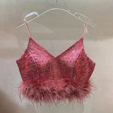 Solid Patchwork Feathers Camis For Women V Neck Sleeveless Minimalist Tank Tops Female Summer Clothing Style