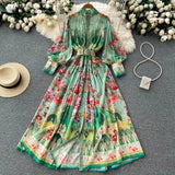 Bohemain Chiffon Maxi Dress Women Stand Collar Long Lantern Sleeve Flower Print Boho Holiday Green Split Vestidos