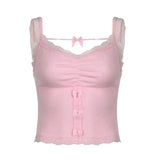 Hotsweet Lace Trim Summer Camis Tops Mini Bow Knit Fold Pink Korean Fashion Women Crop Tops Cute Y2K Outfits-Outfit