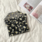 Autumn Women Casual Mesh Pattern Daisy Flower Printed Blouse Tops Girls Mesh Shirts See Through Shirt For