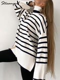 Women Sweater Turtleneck Oversize Pullover For Winter 2022 Women's Striped Sweaters Warm Jumper Thick Sweater For Women