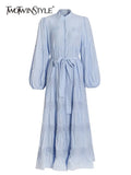 TWOTWINSTYLE White Hollow Our Dresses For Women Stand Collar Lantern Sleeve High Waist Patchwork Bow Slim Mini Dress Female