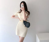 Summer Women's Suit with Skirt Dress Set Elegant Sweet Solid O-Neck Short Sleeve Knitted Shirt Sweater Skirt 2 Piece